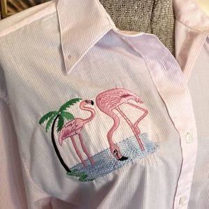 Hana button down vintage 90’s shirt with flamingos. It’s pink with pinstripes